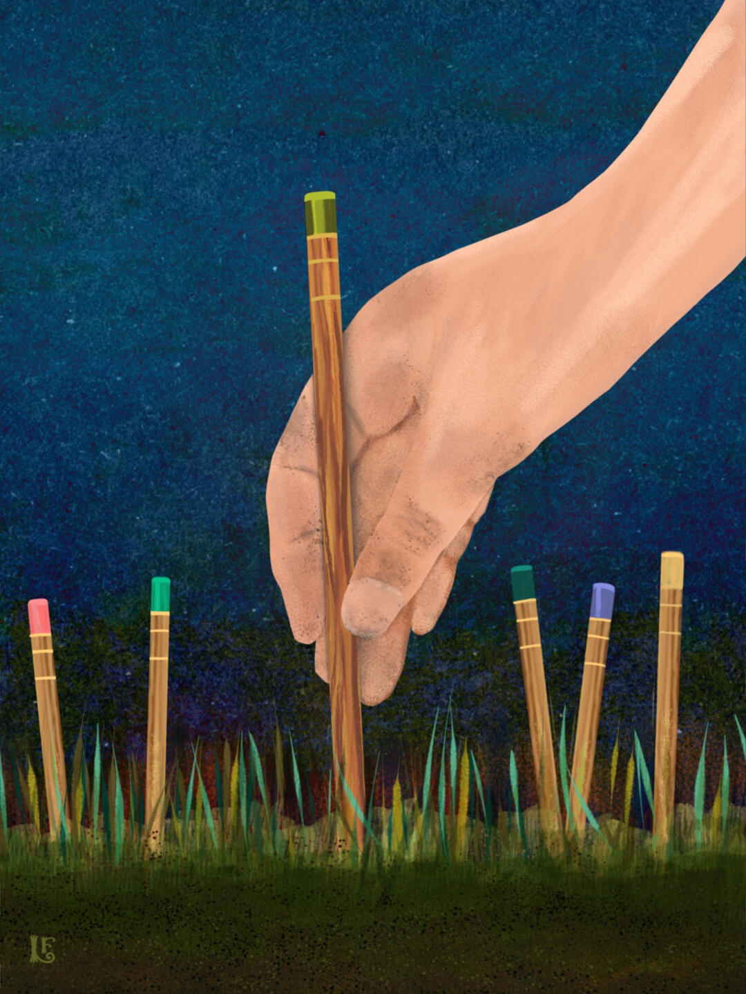 Against a starry blue background, the artist’s hand plants colored pencils in the ground.