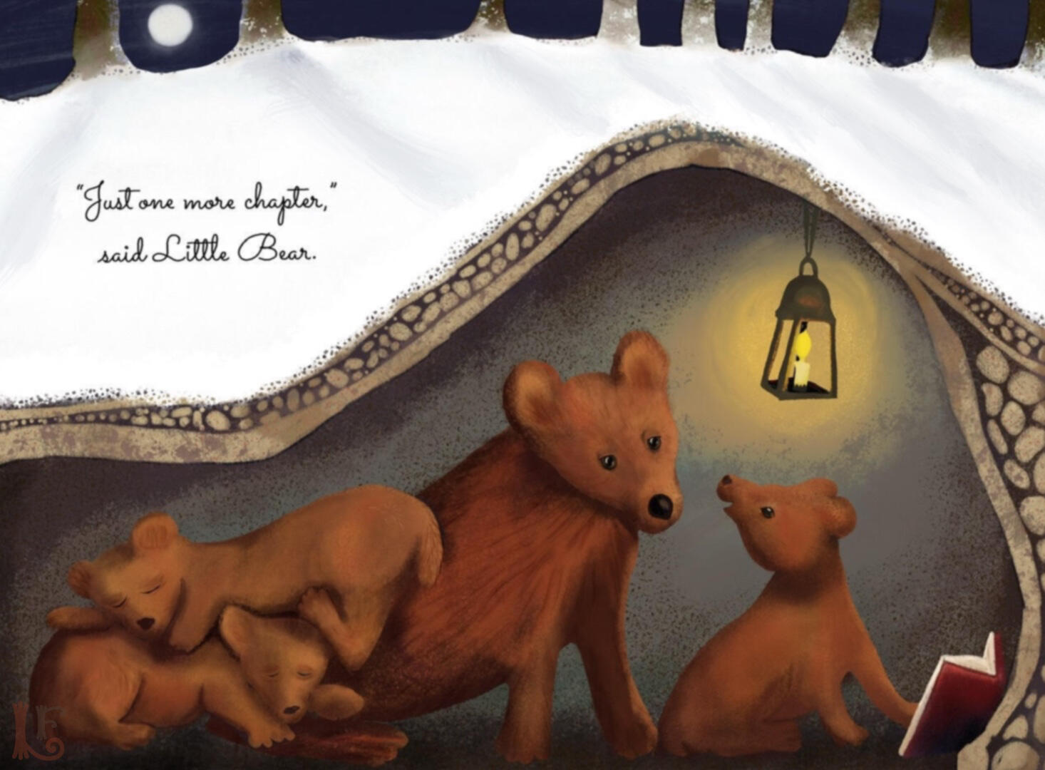 Hibernating bears are huddled with their mother, but one cub wants to stay up to read “one more chapter.” Original illustration by Lisa Firke.