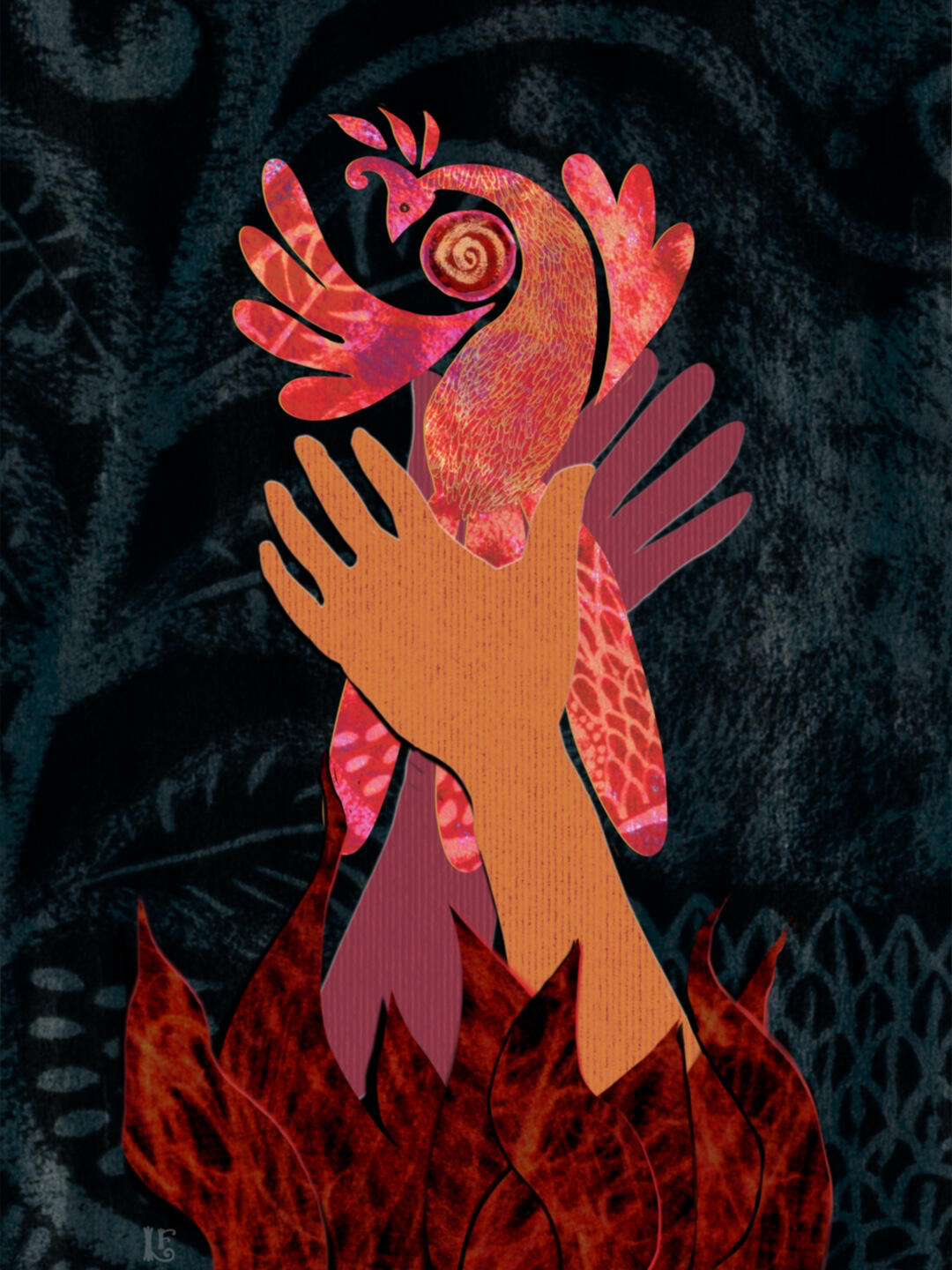 A folkloric firebird/phoenix rises from bird-shaped flames. Hands appear to guide the bird upwards, without touching it.