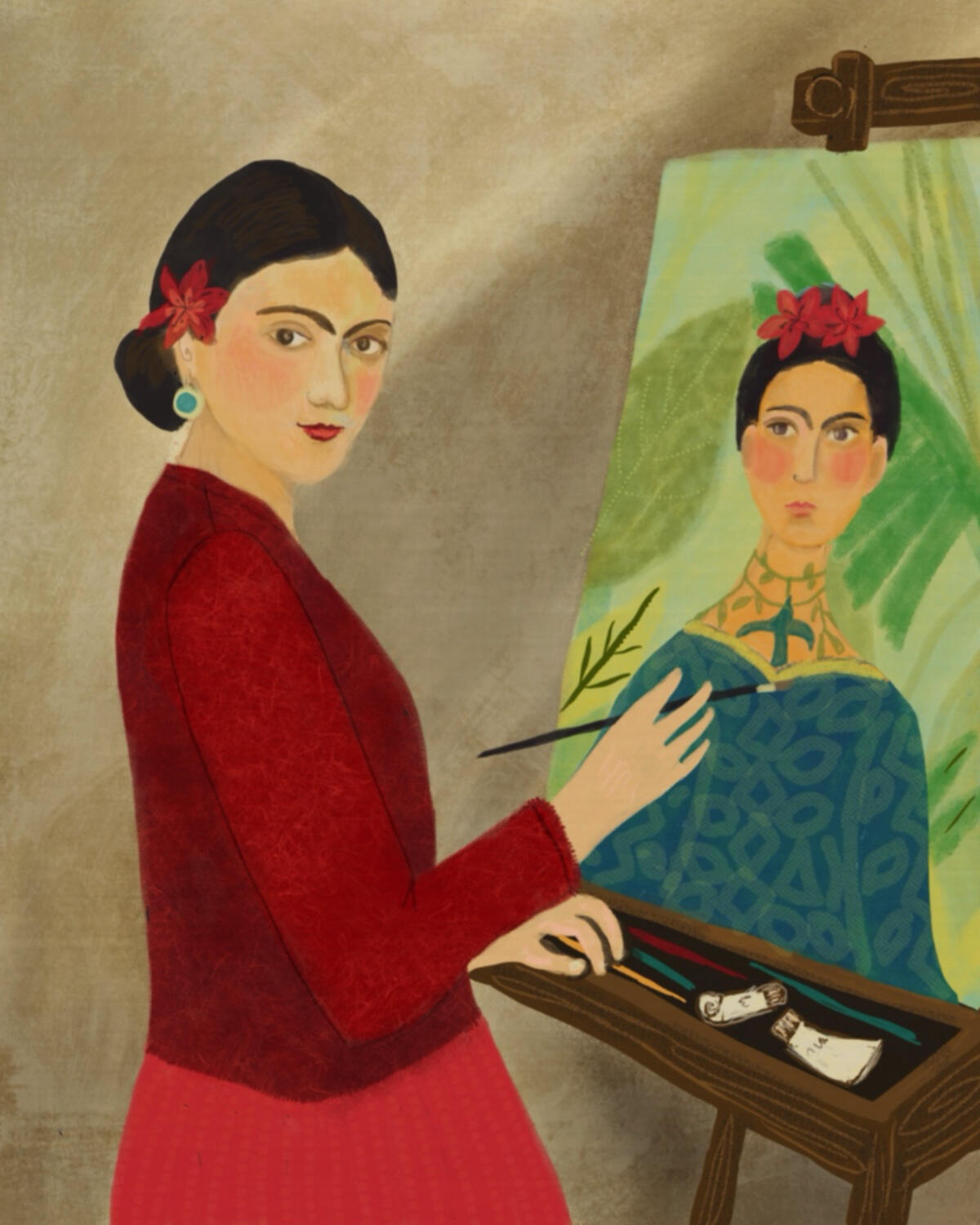 Illustration of the artist Frida Kahlo painting a self-portrait.