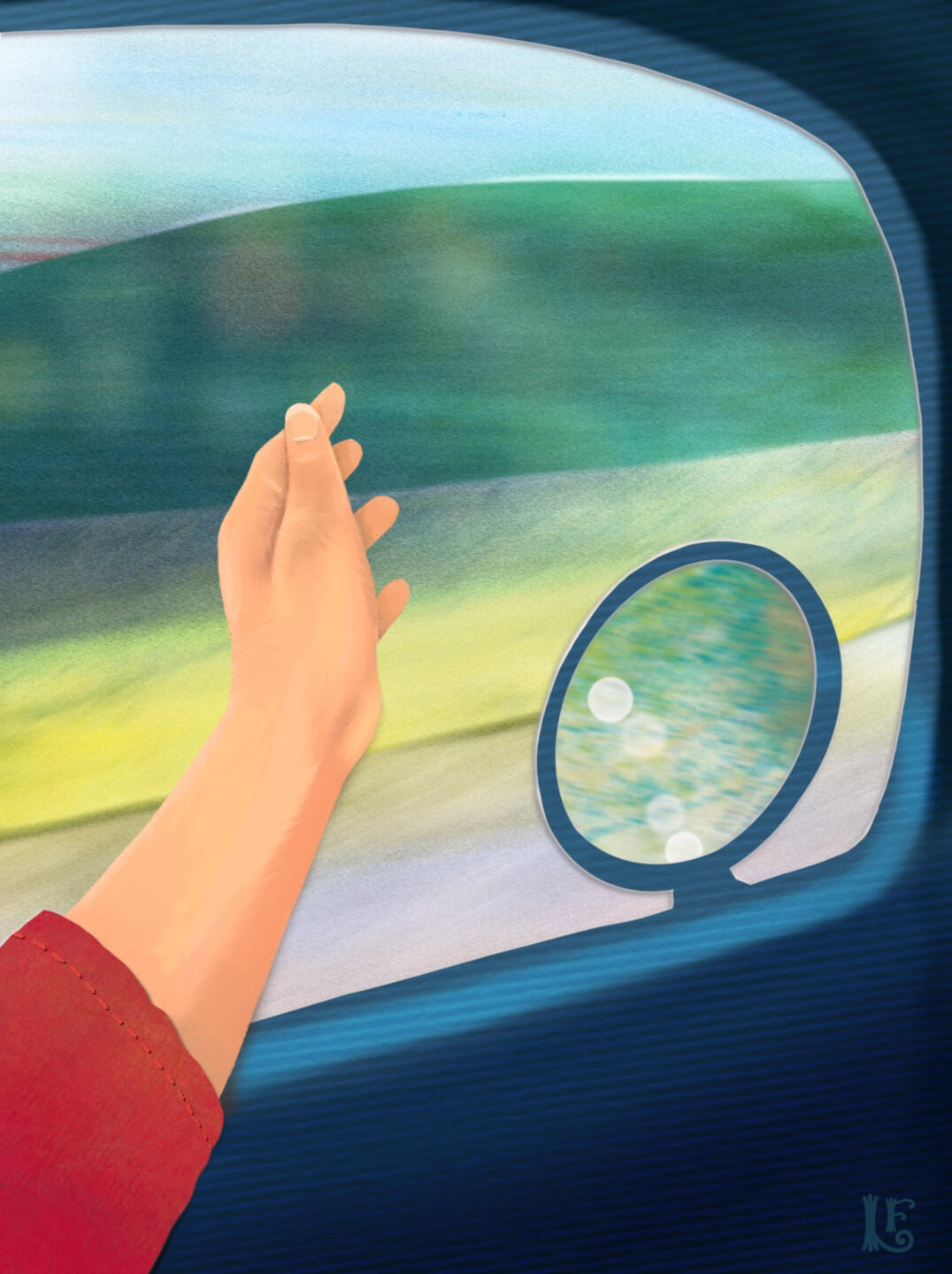 The blurry view out a car window, with the artist’s hand reaching out to feel the breeze.